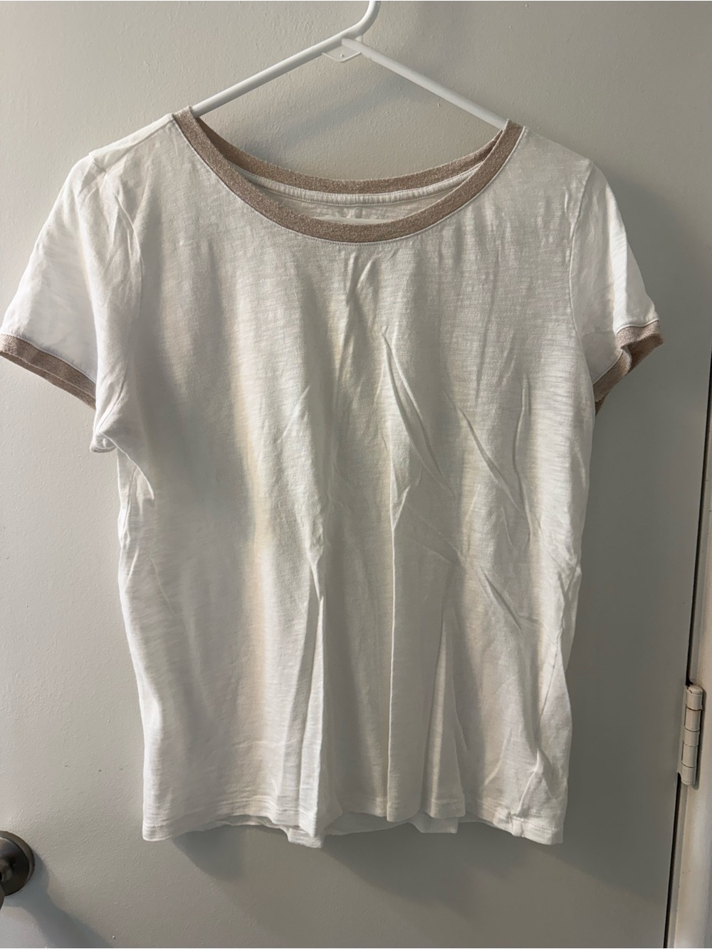 Express White Short Sleeve Ringer Tee with Tan Trim
